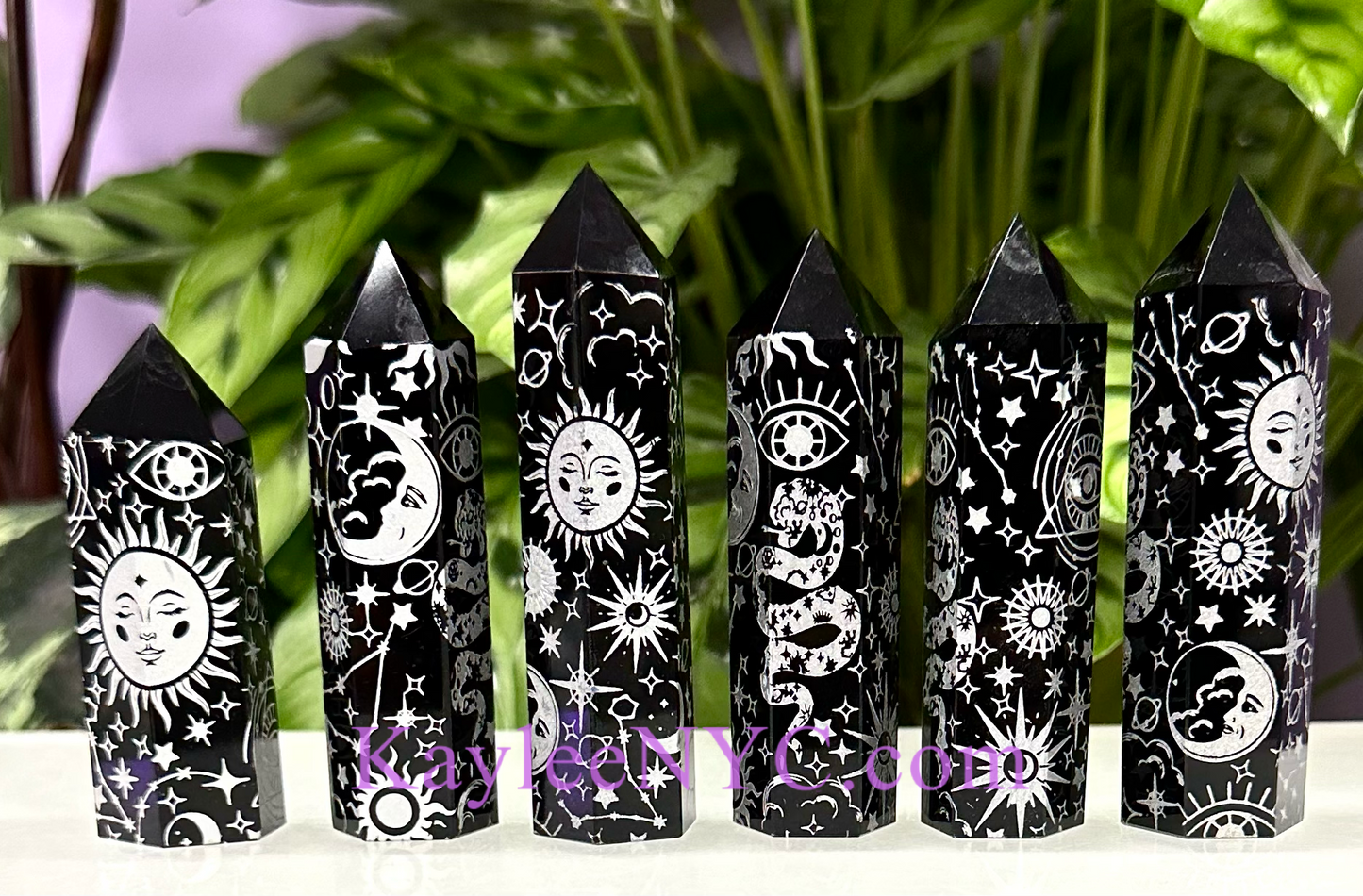 Wholesale Lot 5 PCs Natural Black Obsidian Silver Etched Obelisk Tower Point Crystal Healing Energy