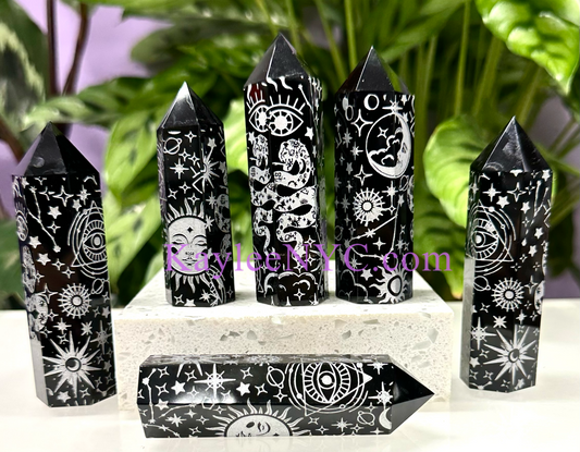 Wholesale Lot 5 PCs Natural Black Obsidian Silver Etched Obelisk Tower Point Crystal Healing Energy