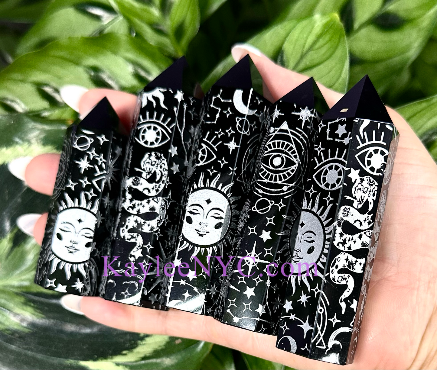 Wholesale Lot 5 PCs Natural Black Obsidian Silver Etched Obelisk Tower Point Crystal Healing Energy