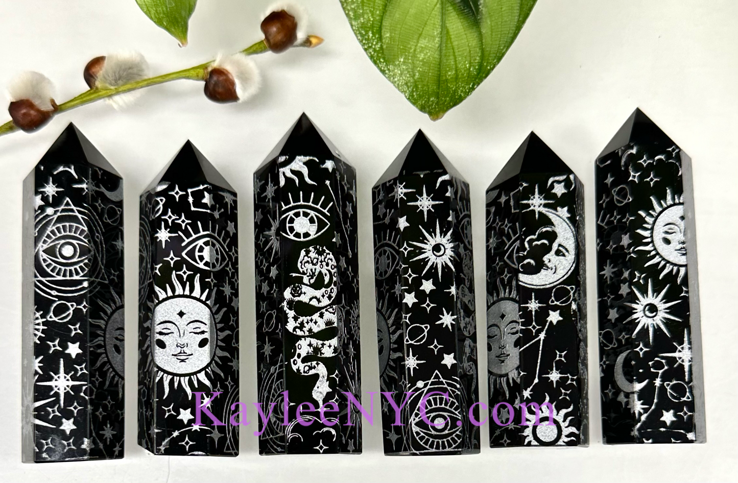 Wholesale Lot 5 PCs Natural Black Obsidian Silver Etched Obelisk Tower Point Crystal Healing Energy