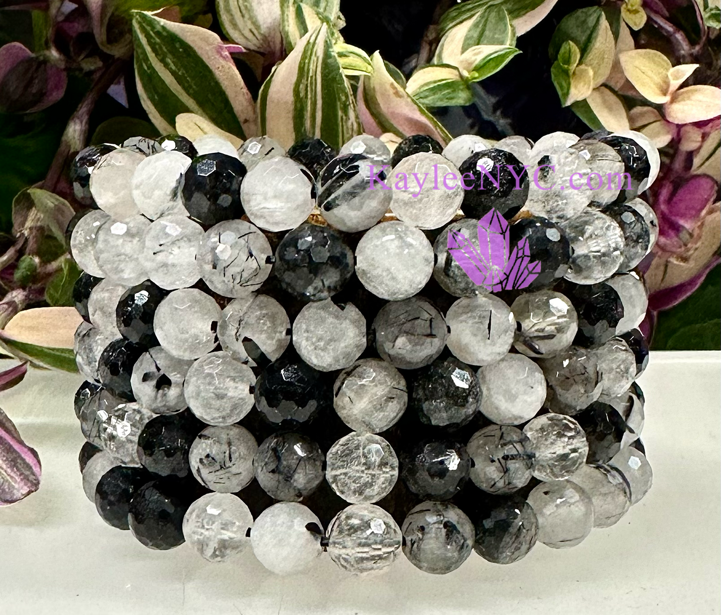 Wholesale 6 Pcs Faceted Natural Tourmalinated Quartz 8mm 7.5” Crystal Stretch Bracelet