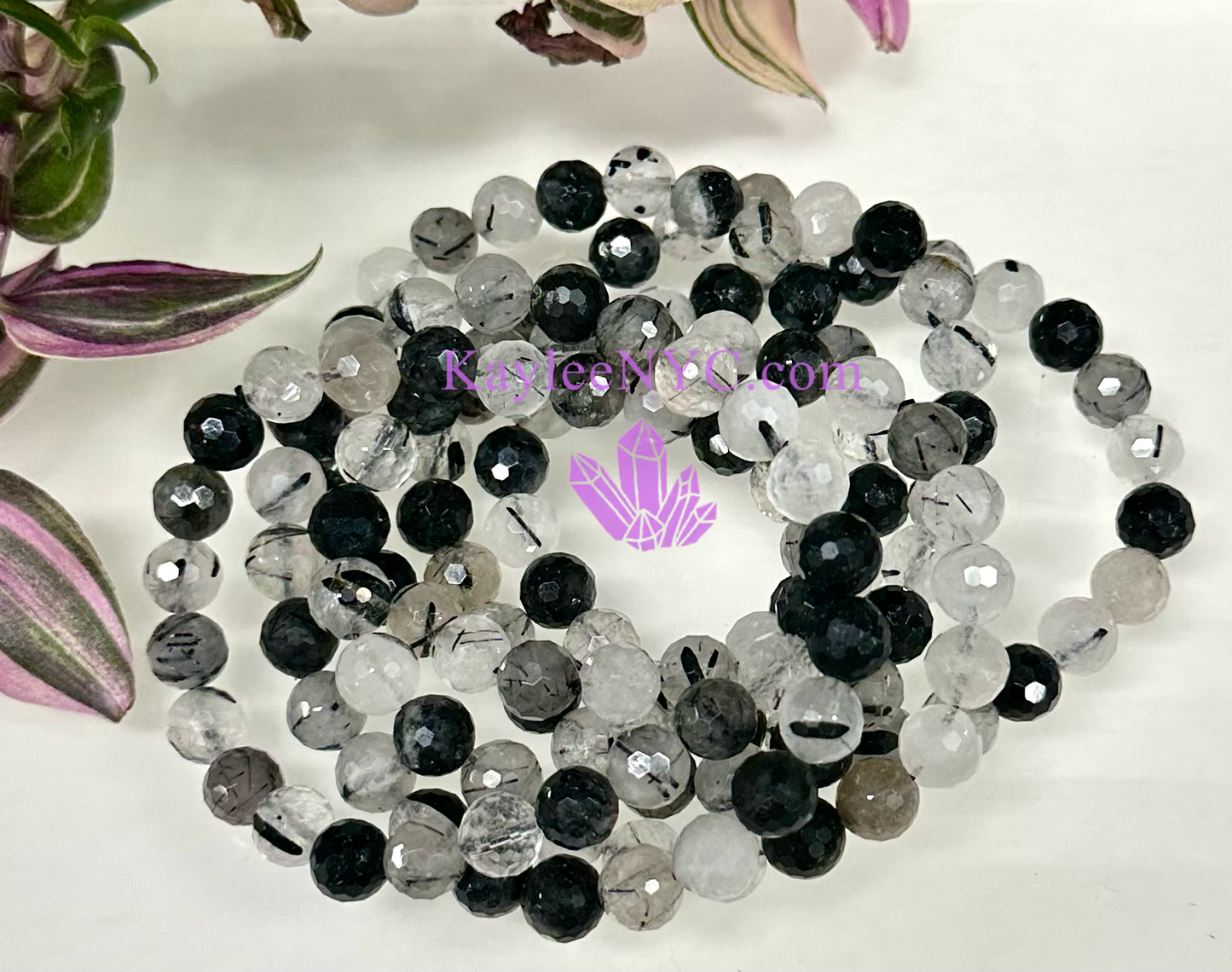 Wholesale 6 Pcs Faceted Natural Tourmalinated Quartz 8mm 7.5” Crystal Stretch Bracelet