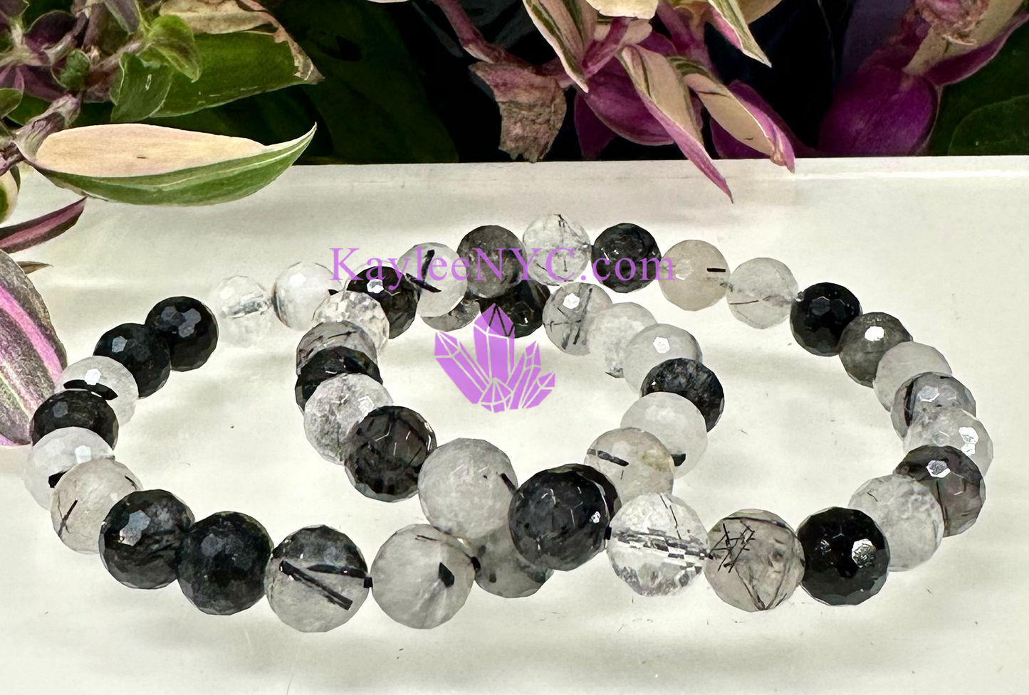 Wholesale 6 Pcs Faceted Natural Tourmalinated Quartz 8mm 7.5” Crystal Stretch Bracelet