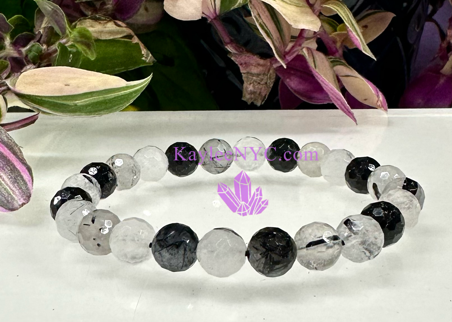 Wholesale 6 Pcs Faceted Natural Tourmalinated Quartz 8mm 7.5” Crystal Stretch Bracelet