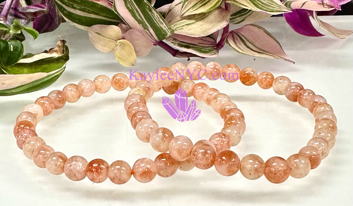 6 PCs 6mm Natural Sunstone Stretch Bracelet 7.5”