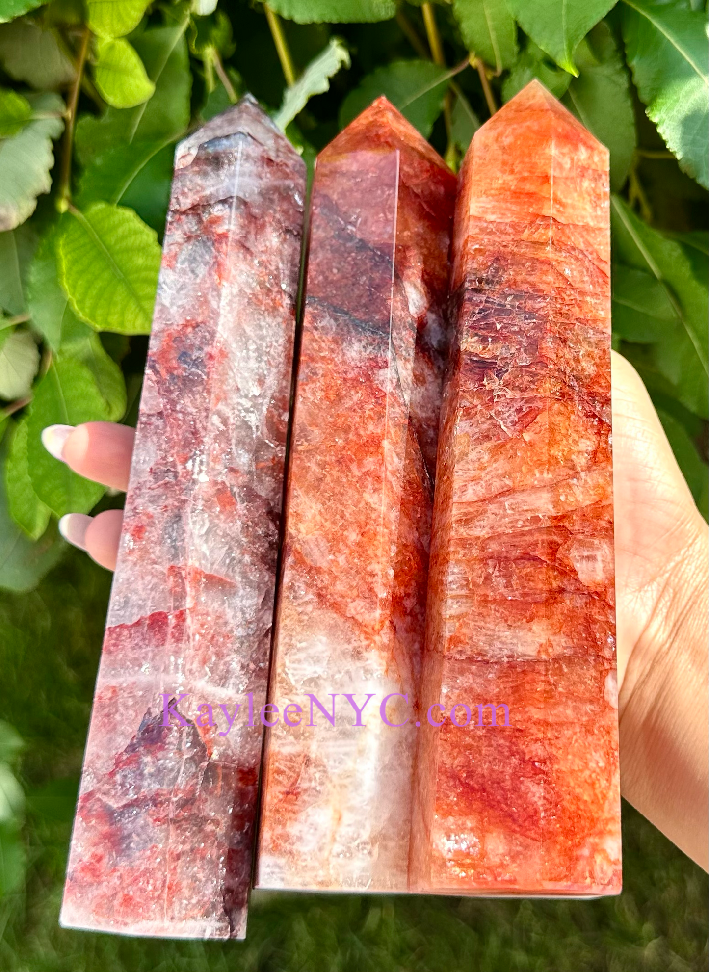 3 PCs Large Natural Hematoid Fire Quartz Obelisk Crystal Point