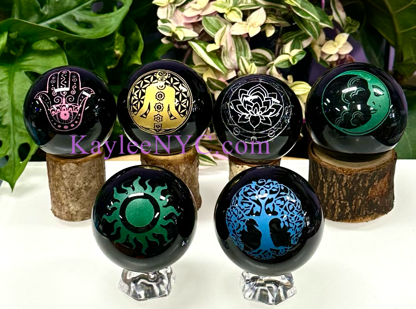 6 PCs Natural Black Obsidian w Symbol Sphere