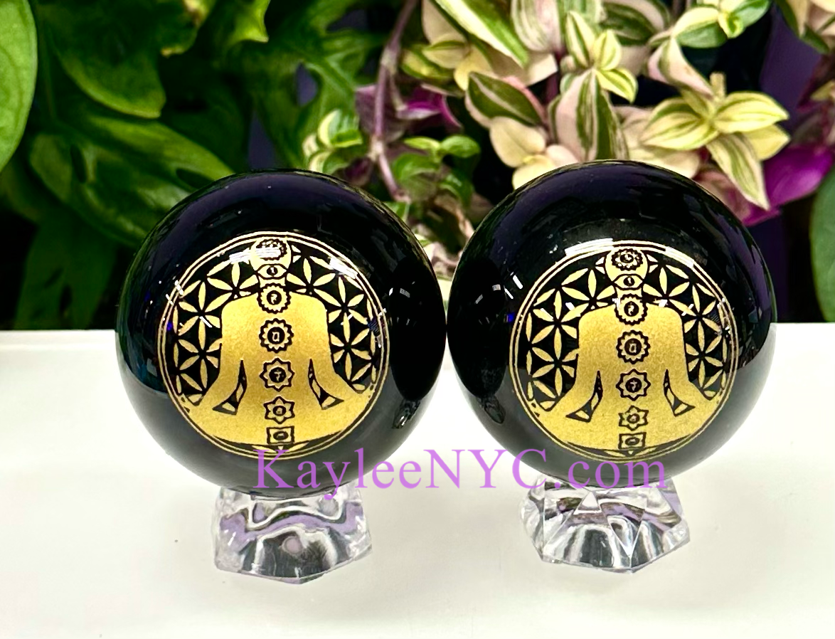 6 PCs Natural Black Obsidian w Symbol Sphere