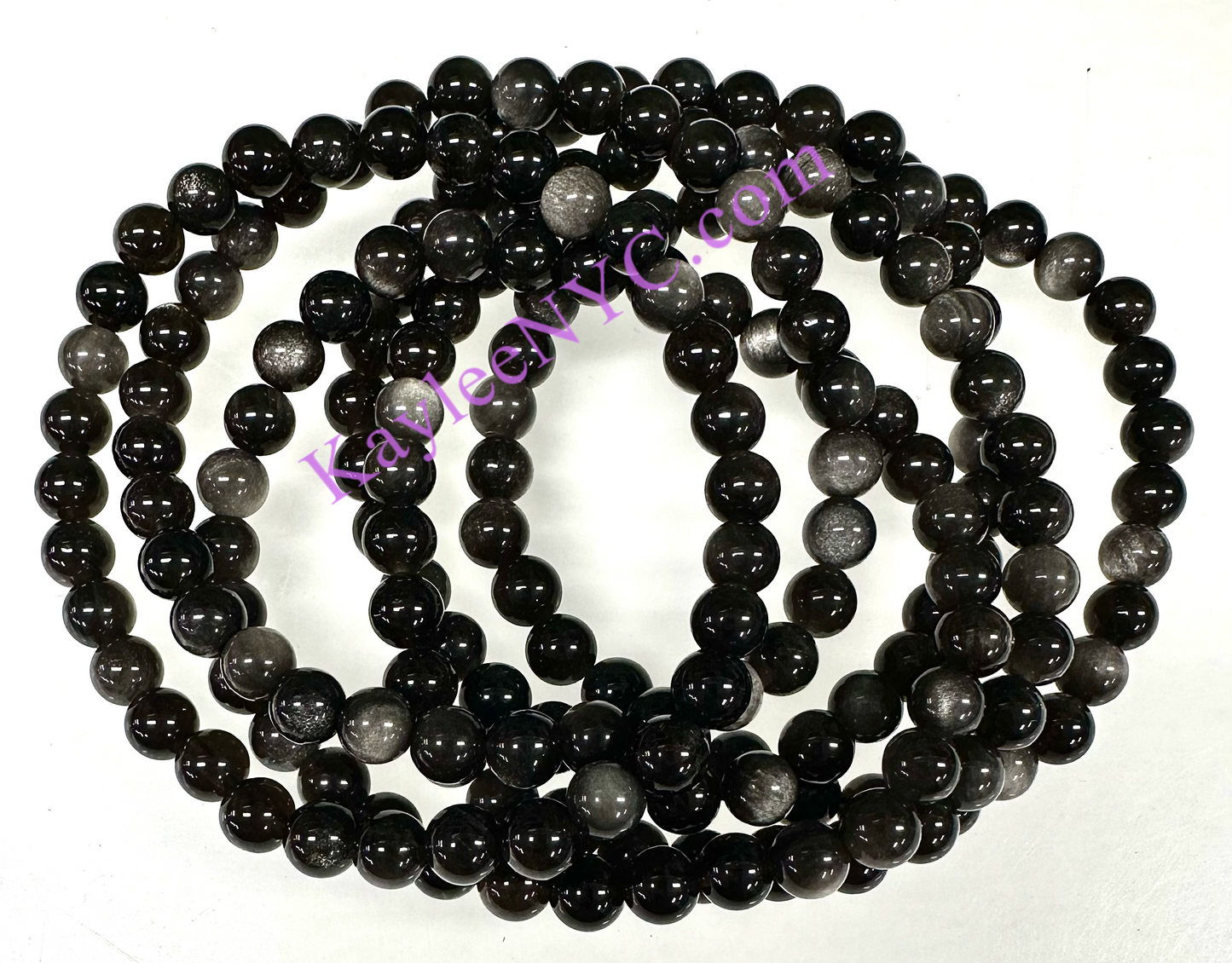 6 PCs 6mm Natural Silver Sheen Obsidian Stretch Bracelet 7.5”