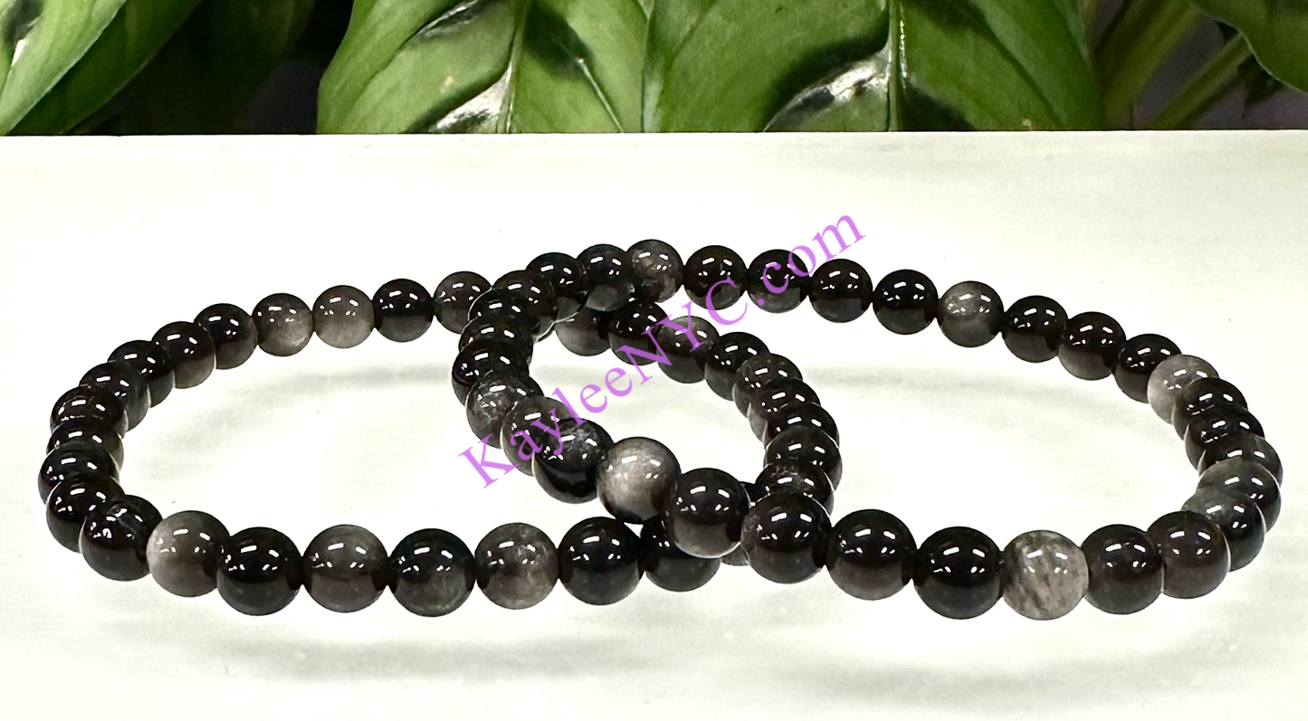 6 PCs 6mm Natural Silver Sheen Obsidian Stretch Bracelet 7.5”