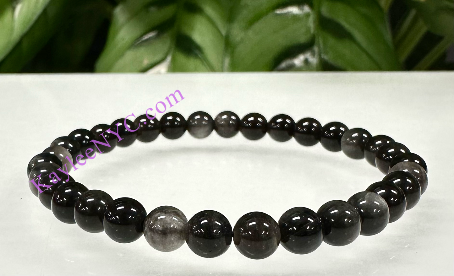 6 PCs 6mm Natural Silver Sheen Obsidian Stretch Bracelet 7.5”