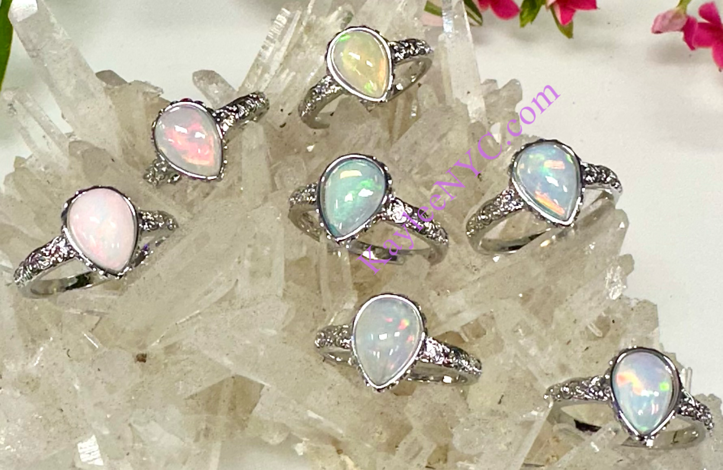 7 pcs Natural Ethiopian Opal White Bronze Ring