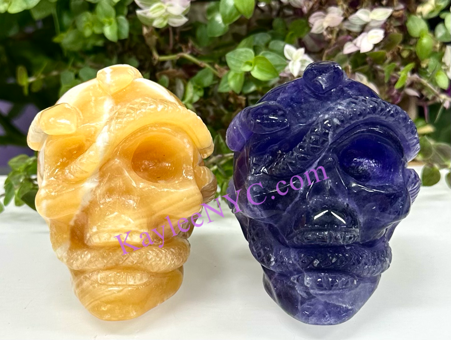 Wholesale lot 2 Pcs 3” Natural Fluorite & Orange Calcite Snake Skull