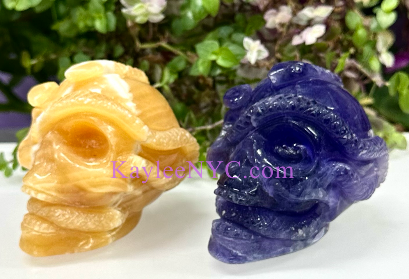 Wholesale lot 2 Pcs 3” Natural Fluorite & Orange Calcite Snake Skull