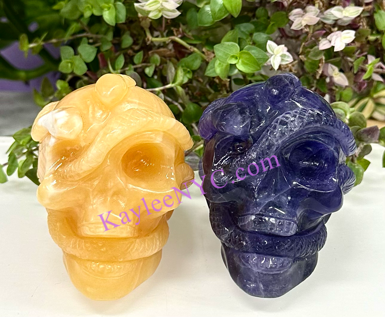 Wholesale lot 2 Pcs 3” Natural Fluorite & Orange Calcite Snake Skull