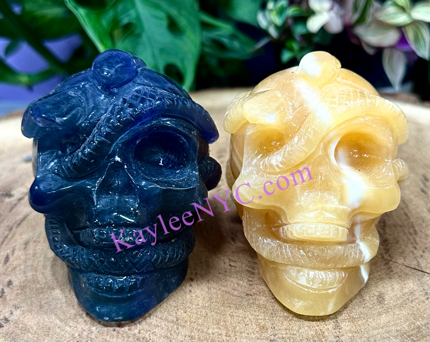 Wholesale lot 2 Pcs 3” Natural Fluorite & Orange Calcite Snake Skull