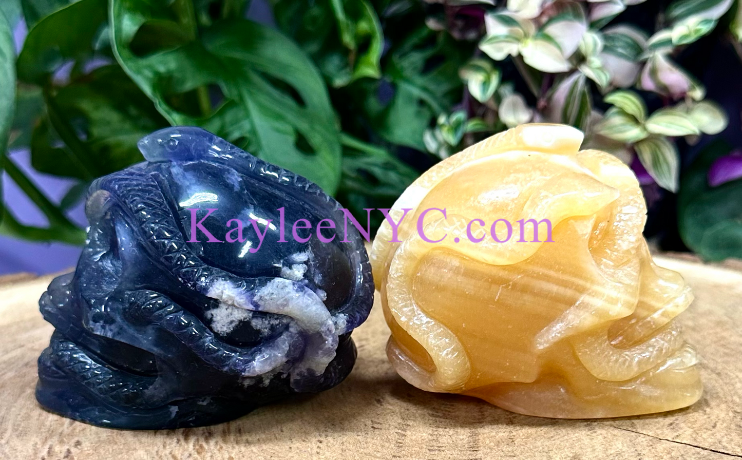 Wholesale lot 2 Pcs 3” Natural Fluorite & Orange Calcite Snake Skull