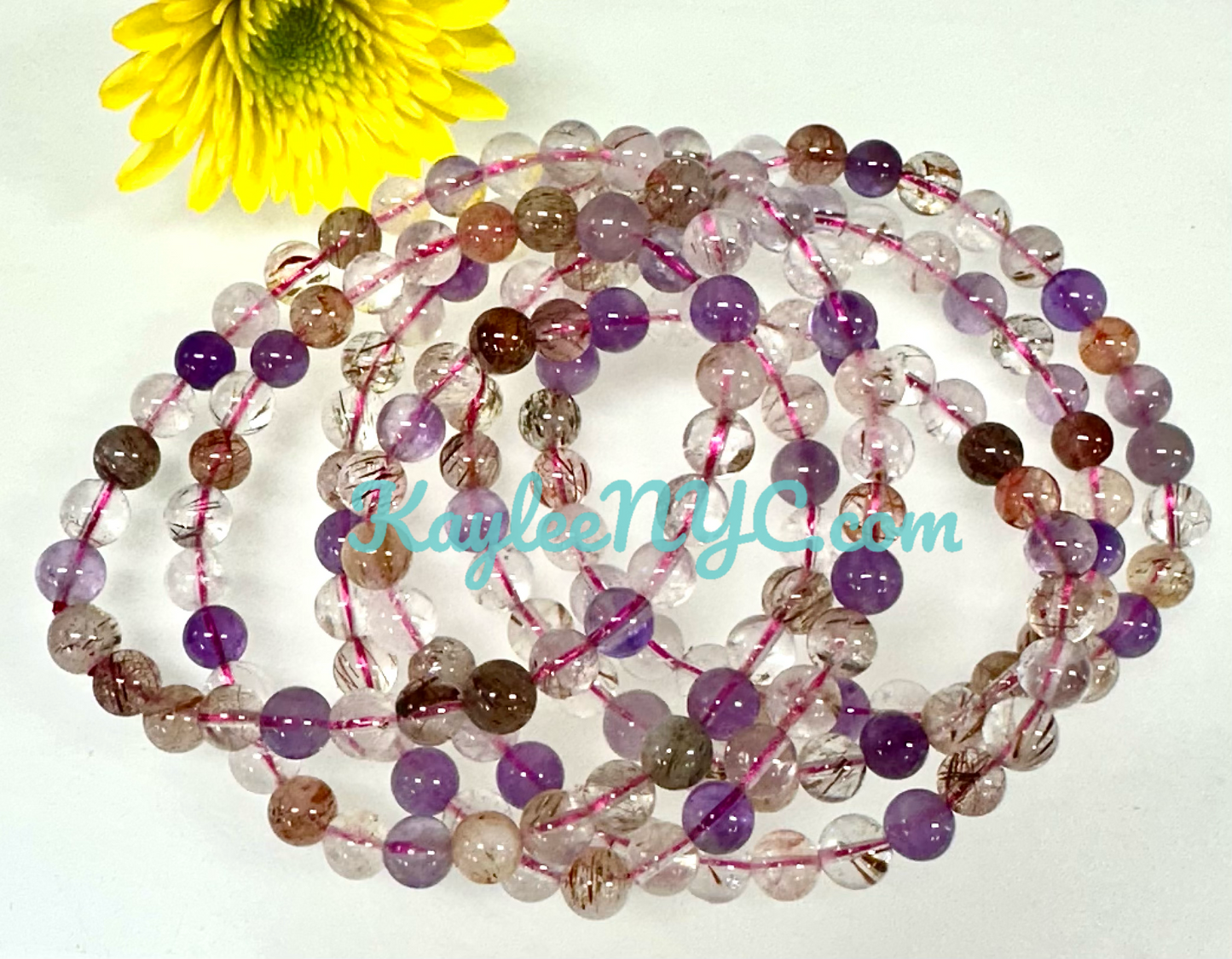 Wholesale 6 Pcs Natural Super 7 Melody Rutilated 6mm 7.5” Crystal Healing Stretch Bracelet