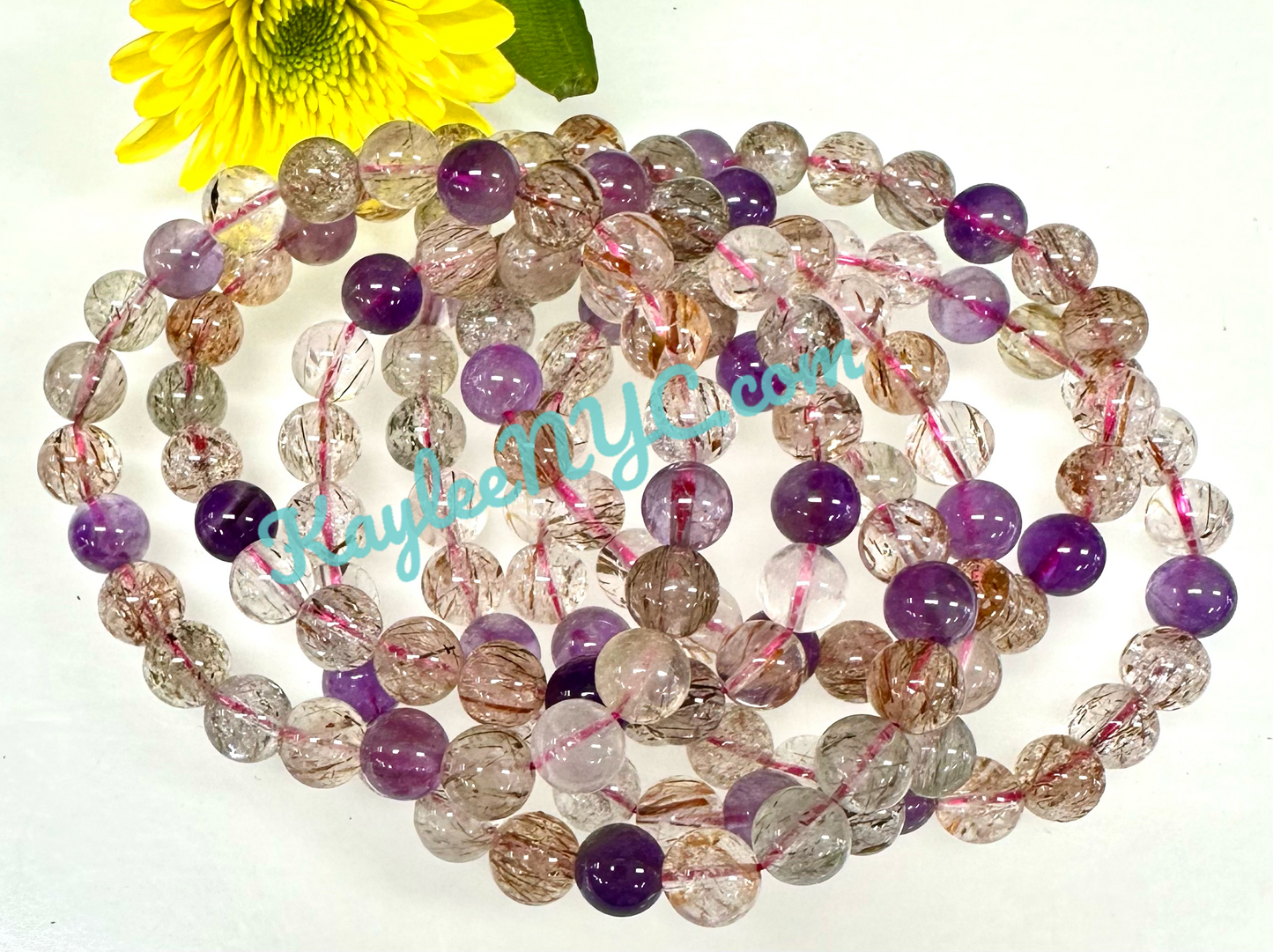 Wholesale 6 Pcs Natural Super 7 Melody Rutilated 10mm 7.5” Crystal Healing Stretch Bracelet