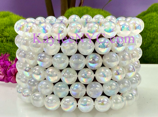 Wholesale 6 Pcs Angel Aura Selenite 8mm 7.5” Crystal Stretch Bracelet