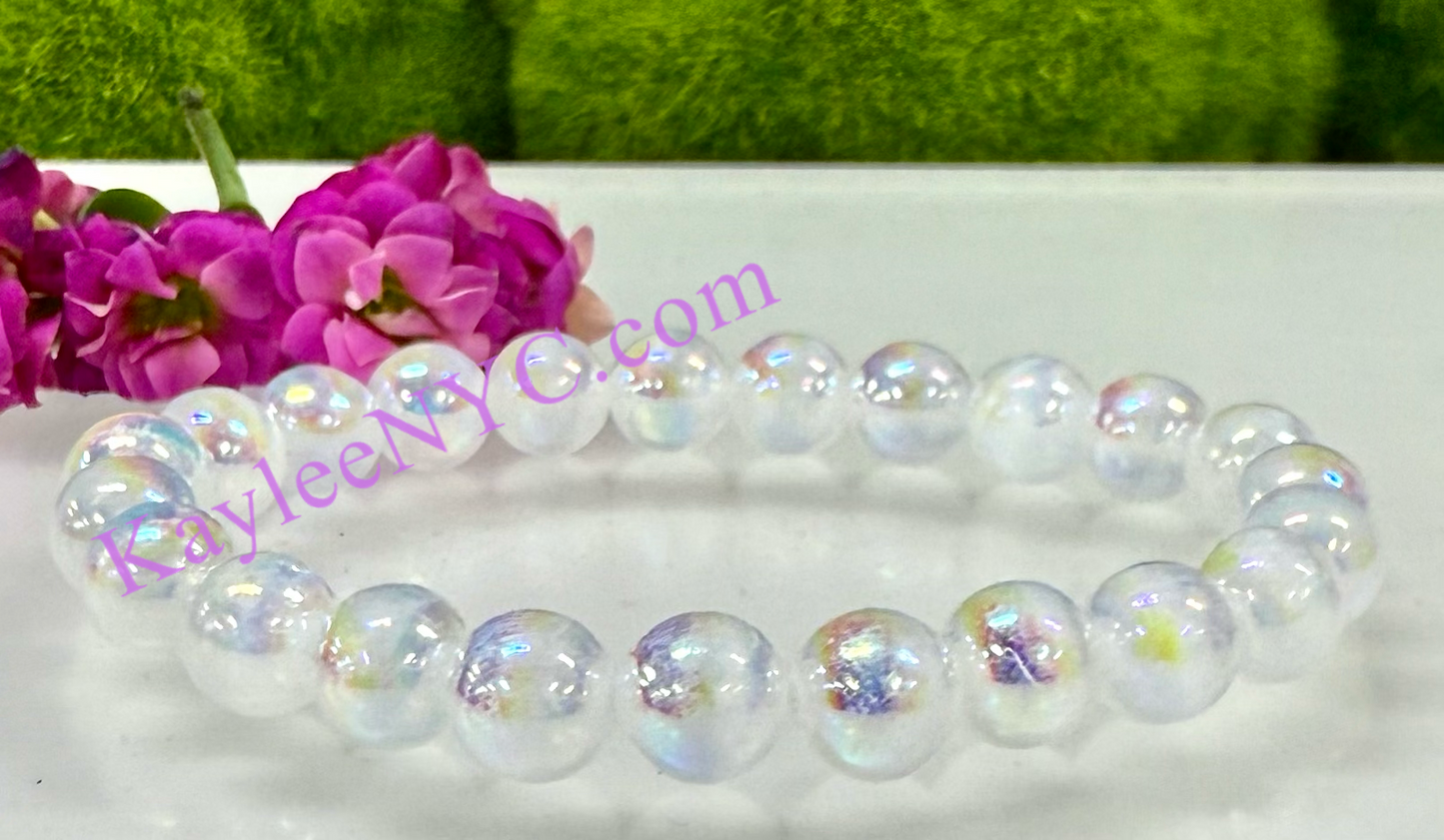 Wholesale 6 Pcs Angel Aura Selenite 8mm 7.5” Crystal Stretch Bracelet