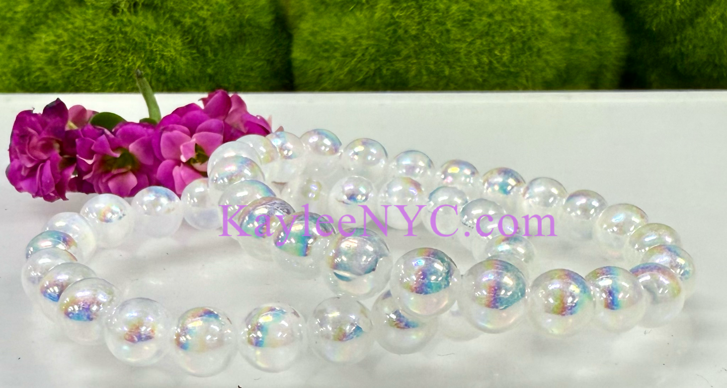 Wholesale 6 Pcs Angel Aura Selenite 8mm 7.5” Crystal Stretch Bracelet