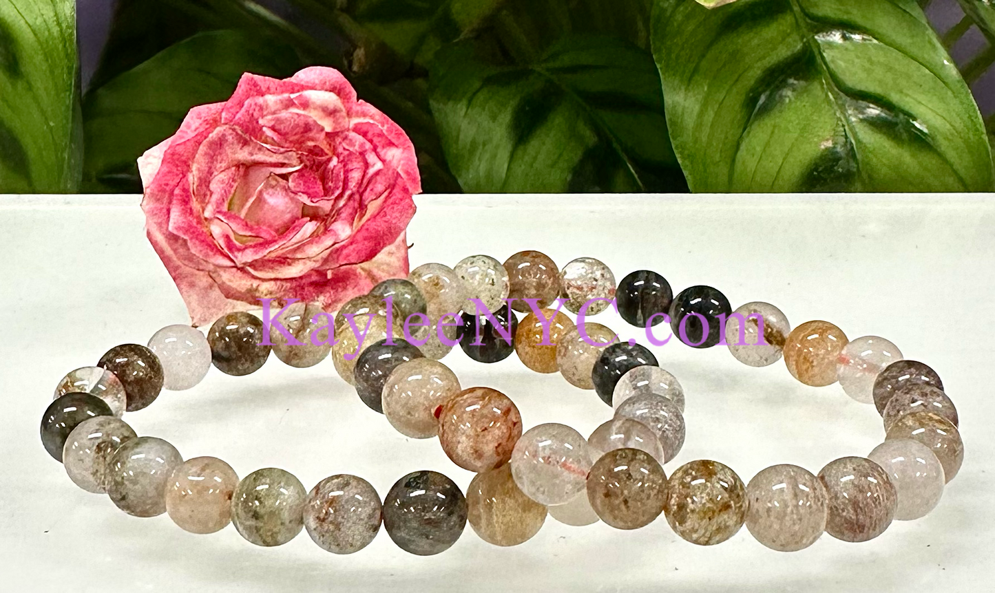 (Wholesale 6 Pcs Natural Thousand Layer Phantom Quartz 8mm 7.5” Crystal Healing Stretch Bracelet