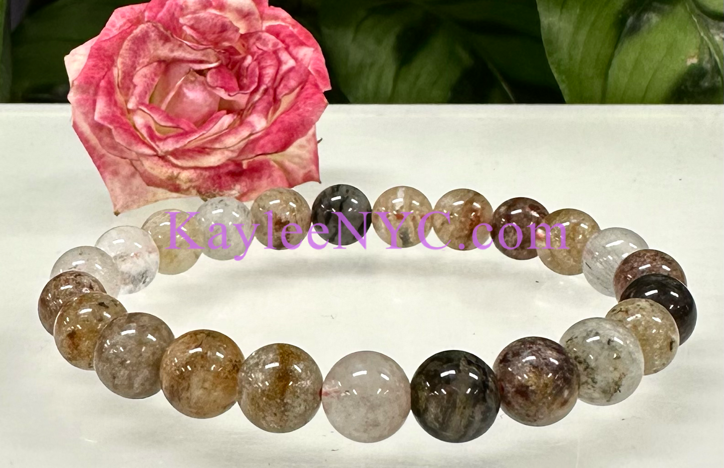 (Wholesale 6 Pcs Natural Thousand Layer Phantom Quartz 8mm 7.5” Crystal Healing Stretch Bracelet