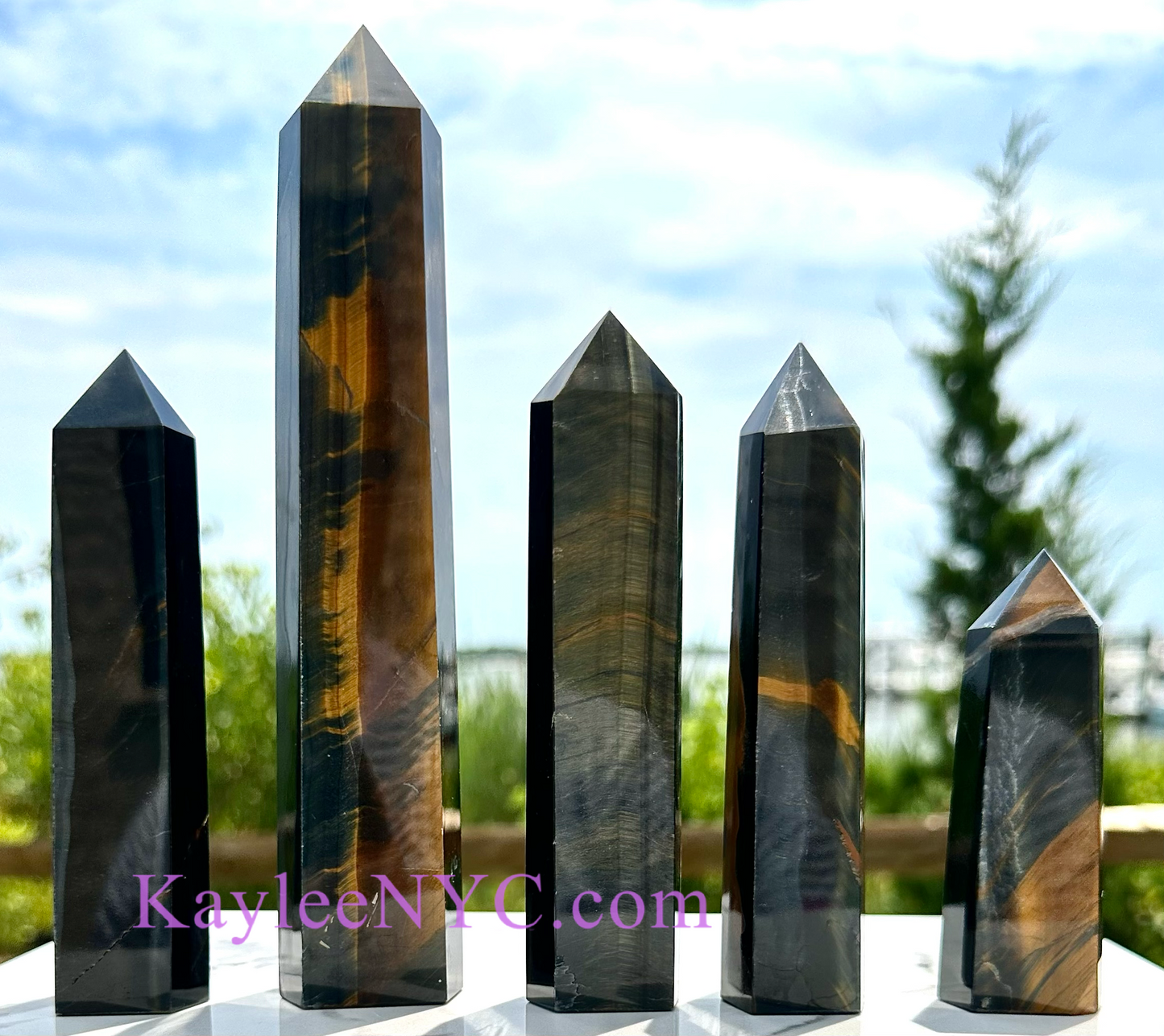 5 PCs Large Natural Blue Tiger Eye Obelisk Crystal Point