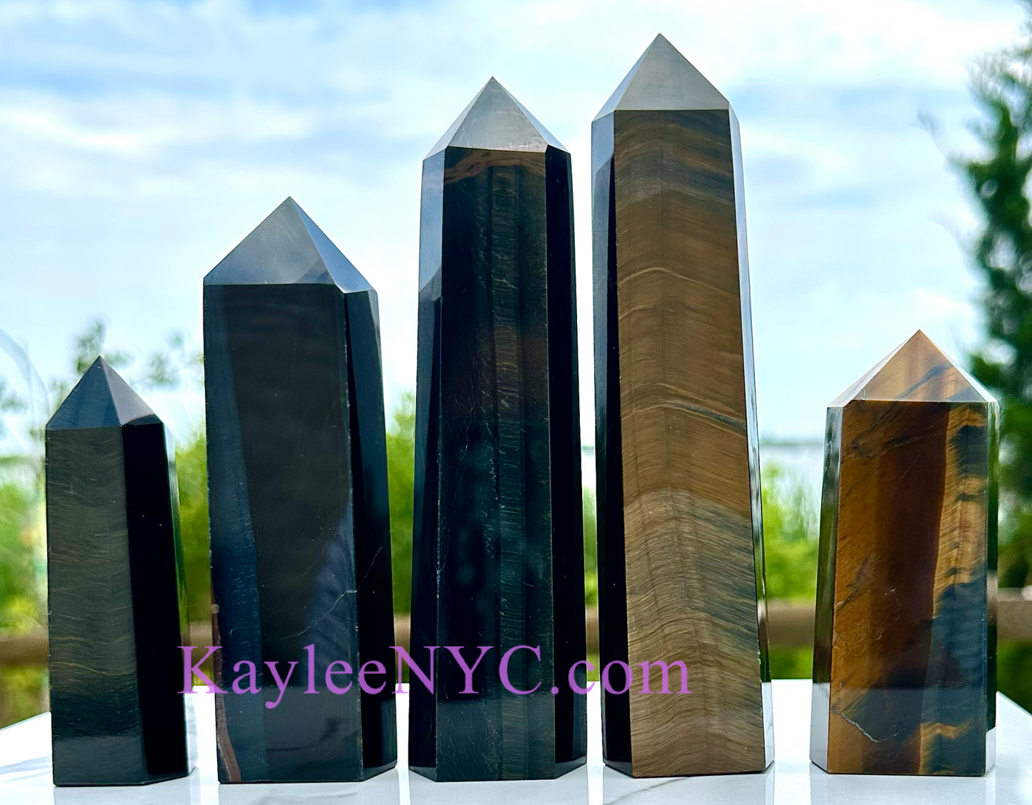 5 PCs Large Natural Blue Tiger Eye Obelisk Crystal Point