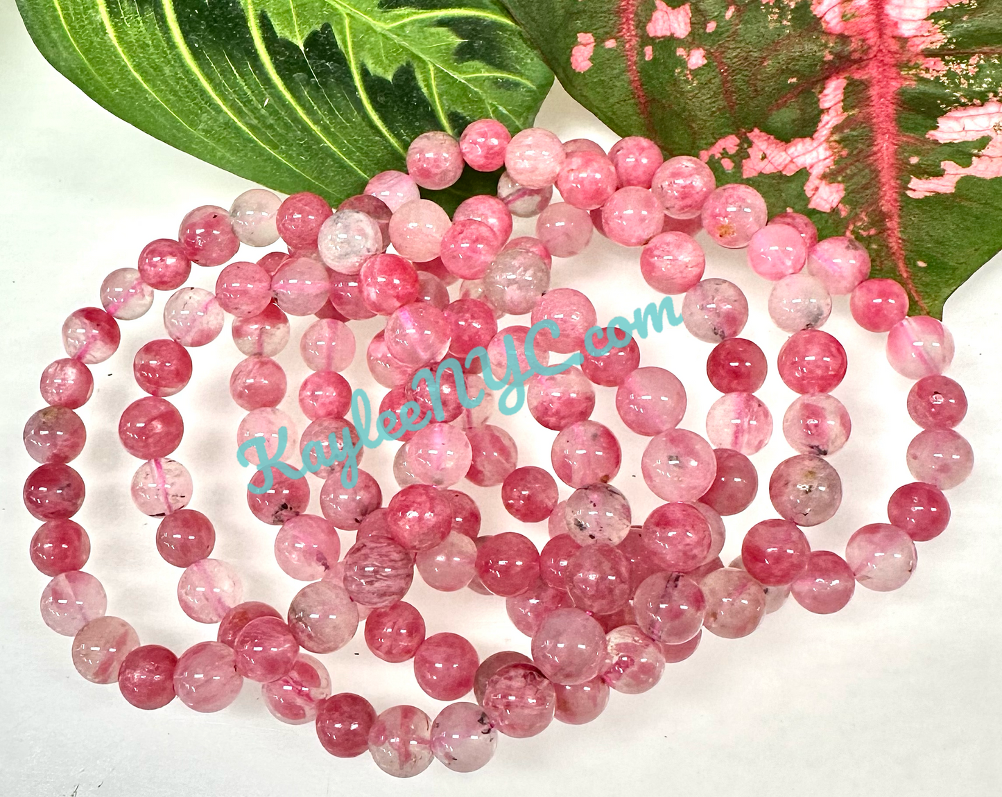 6 PCs Natural Sakura Cherry Blossom Rhodonite aka Ice Rhodonite 7.5” Stretch Bracelet