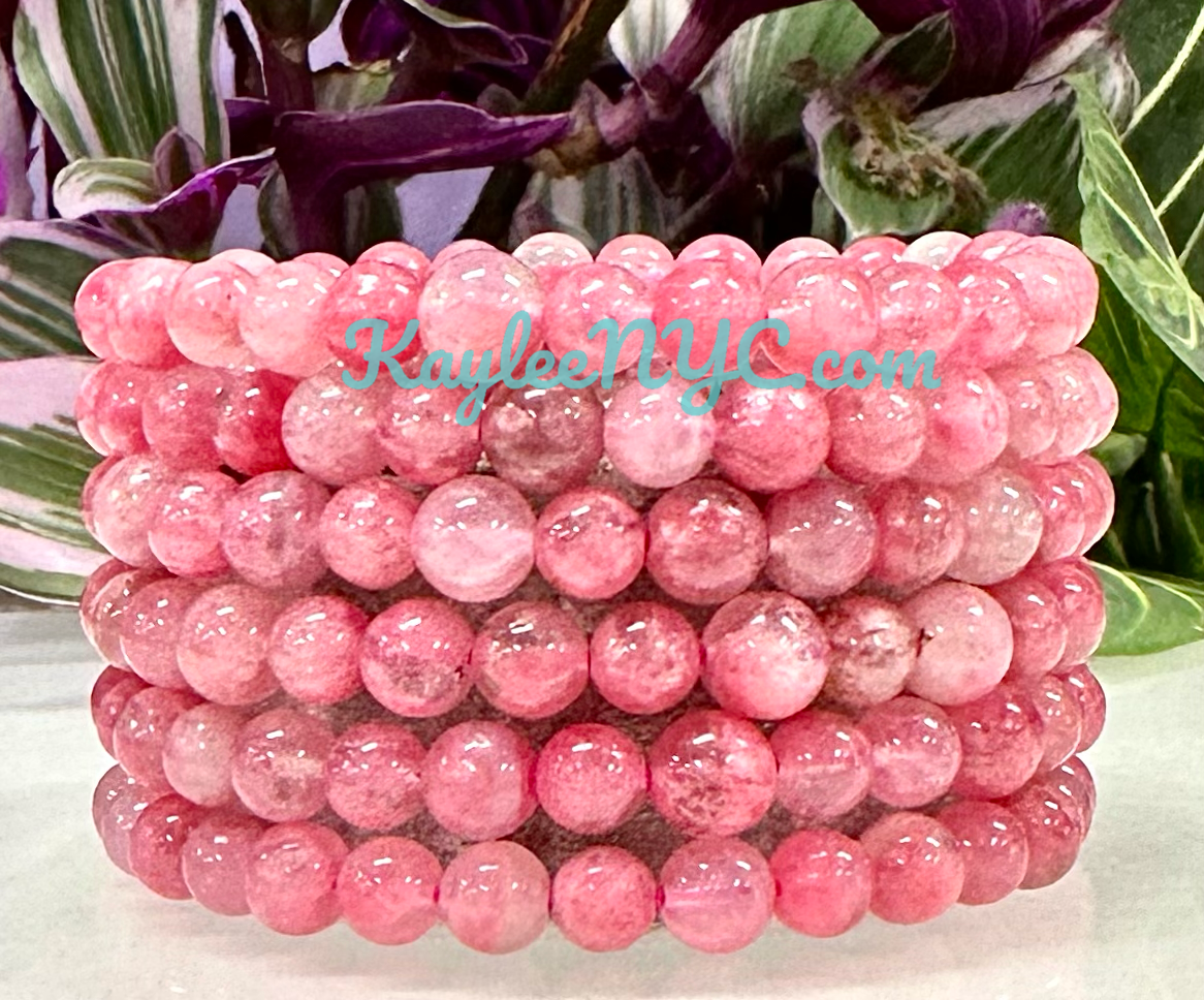 6 PCs Natural Sakura Cherry Blossom Rhodonite aka Ice Rhodonite 7.5” Stretch Bracelet