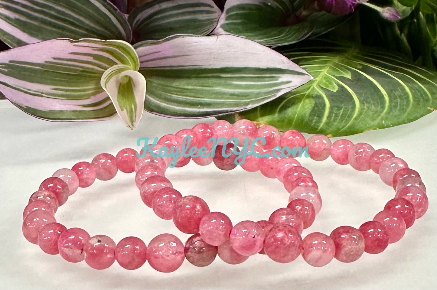 6 PCs Natural Sakura Cherry Blossom Rhodonite aka Ice Rhodonite 7.5” Stretch Bracelet