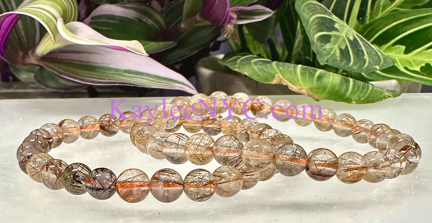 6 PCs 5mm Natural Copper Rutilated Quartz Stretch Bracelet 7.5”