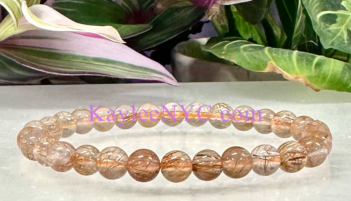 6 PCs 5mm Natural Copper Rutilated Quartz Stretch Bracelet 7.5”