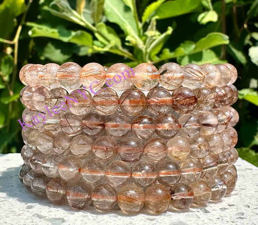 6 PCs 5mm Natural Copper Rutilated Quartz Stretch Bracelet 7.5”