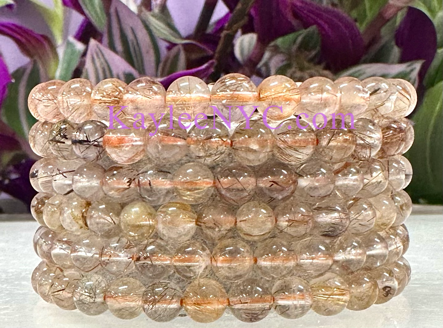 6 PCs 5mm Natural Copper Rutilated Quartz Stretch Bracelet 7.5”