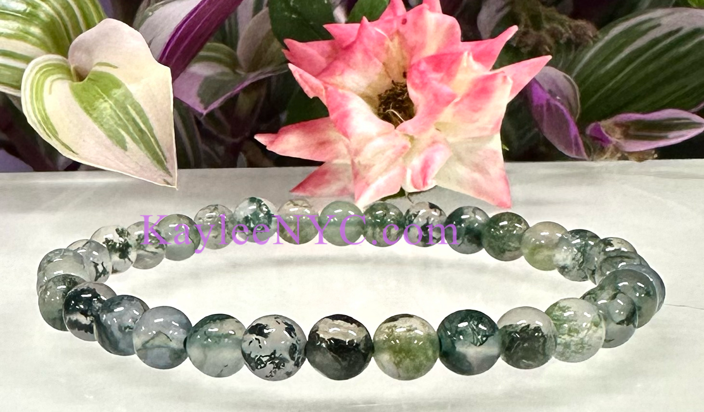 Wholesale 6 Pcs Natural Moss Agate 6mm 7.5” Crystal Healing Stretch Bracelet