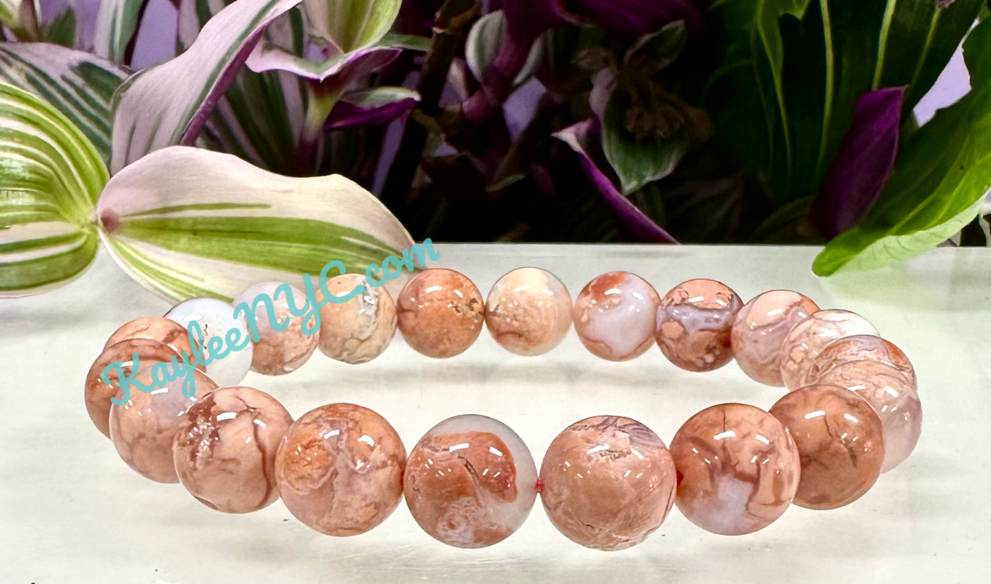 6 PCs 10mm Natural Pink Agate Stretch Bracelet 7.5”