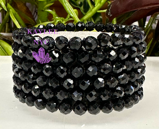 6 PCs Faceted Natural Black Tourmaline Stretch Bracelet