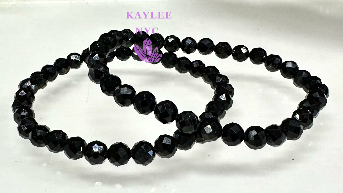 6 PCs Faceted Natural Black Tourmaline Stretch Bracelet