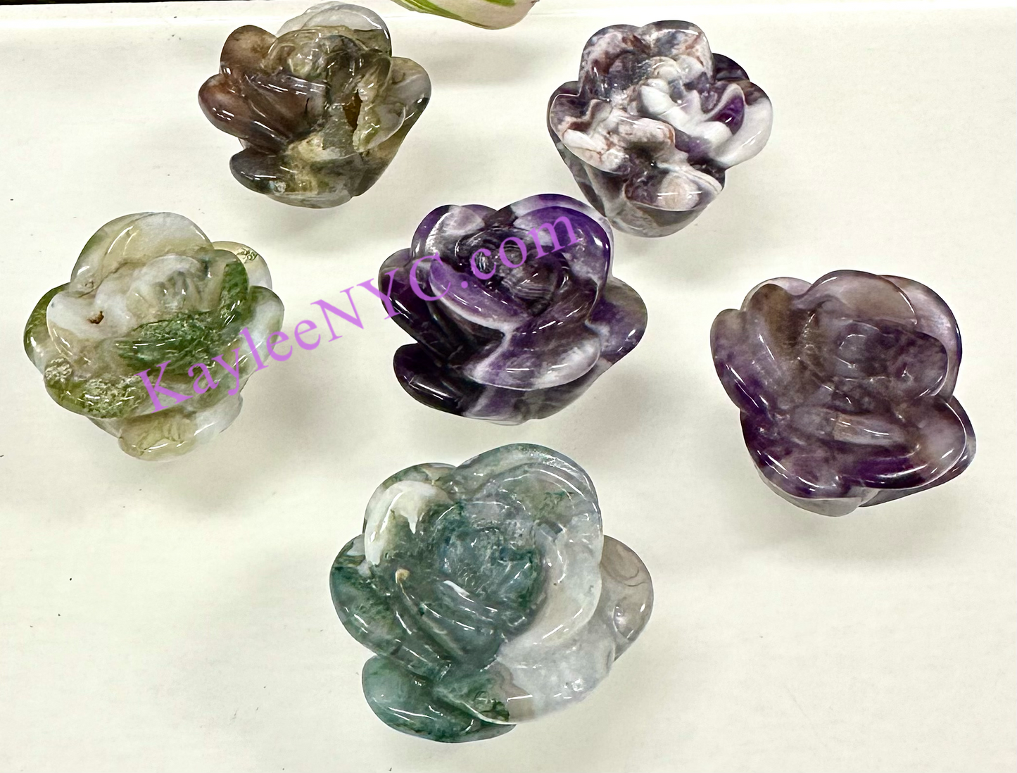 6 PCs 1.5” Natural Chevron Amethyst & Moss Agate Rose Carving