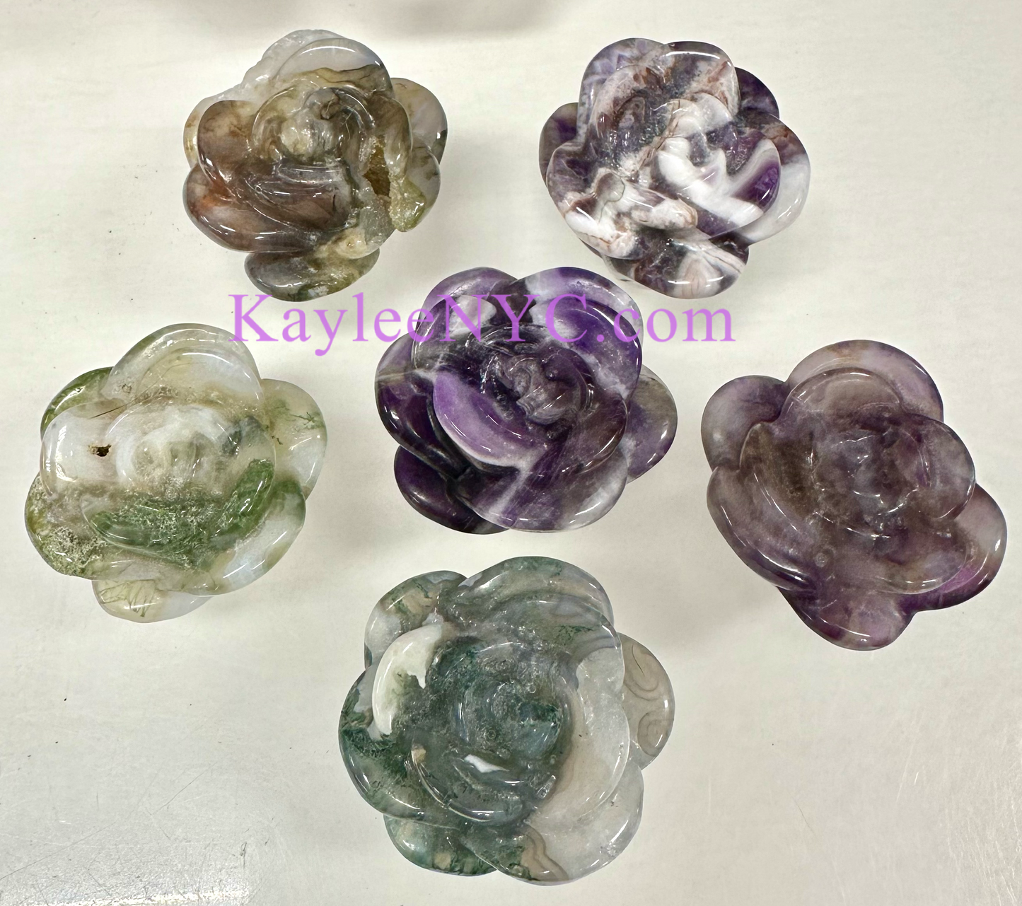 6 PCs 1.5” Natural Chevron Amethyst & Moss Agate Rose Carving