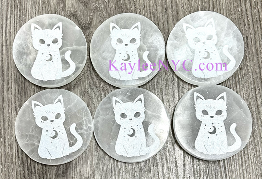 Wholesale Lot 6 pcs Natural Selenite aka Satin Spar Cat Charging Plate Crystal Healing Energy