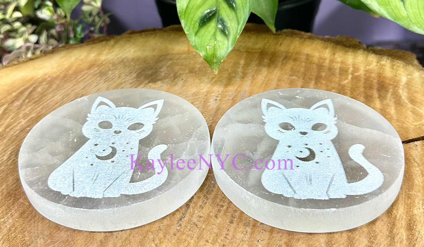 Wholesale Lot 6 pcs Natural Selenite aka Satin Spar Cat Charging Plate Crystal Healing Energy