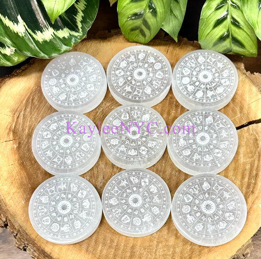 Wholesale Lot 9 pcs Natural Selenite aka Satin Spar Zodiac Charging Plate Crystal