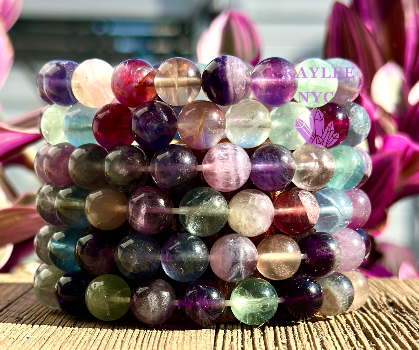 6 PCs 10mm Natural Rainbow Fluorite Stretch Bracelet 7.5”