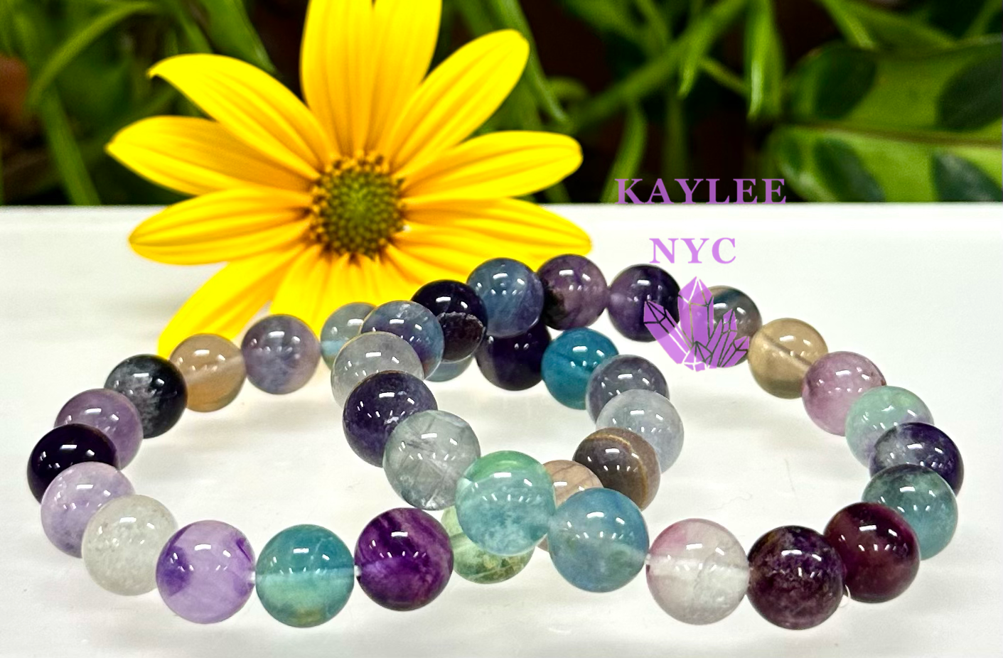 6 PCs 10mm Natural Rainbow Fluorite Stretch Bracelet 7.5”