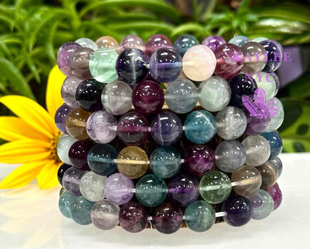 6 PCs 10mm Natural Rainbow Fluorite Stretch Bracelet 7.5”