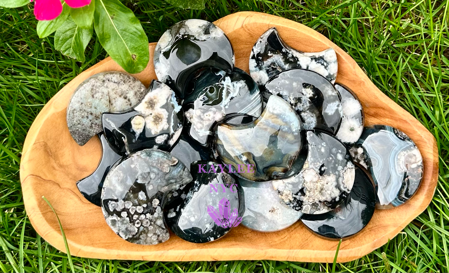 Wholesale Lot 2 lbs Natural Black Flower Agate Moon